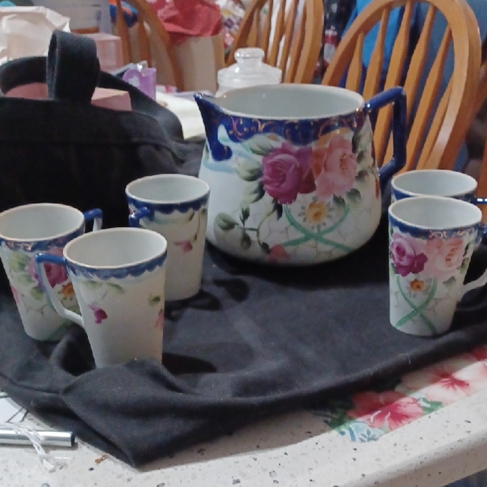 Ina Floral Ceramic Tea Set with Blue and Pink Accents